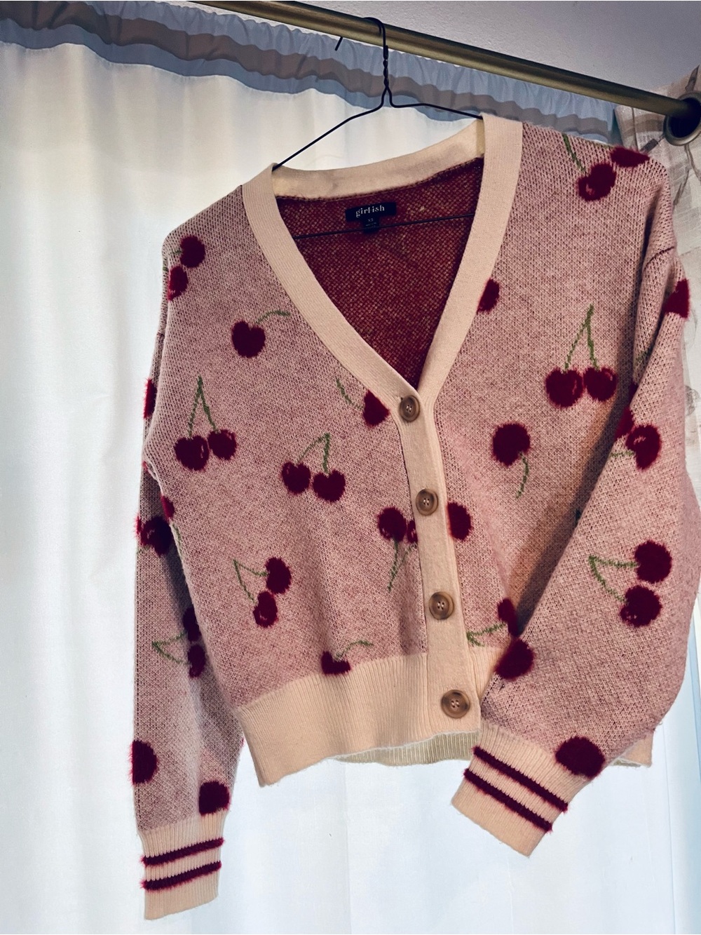 Girlish, XS Dark Cherry, Pink/Burgundy, Fuzzy Cherry, Knit Cardigan Y2K